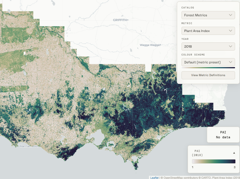 FuelMaps interactive map of Victoria showing forest metrics catalog